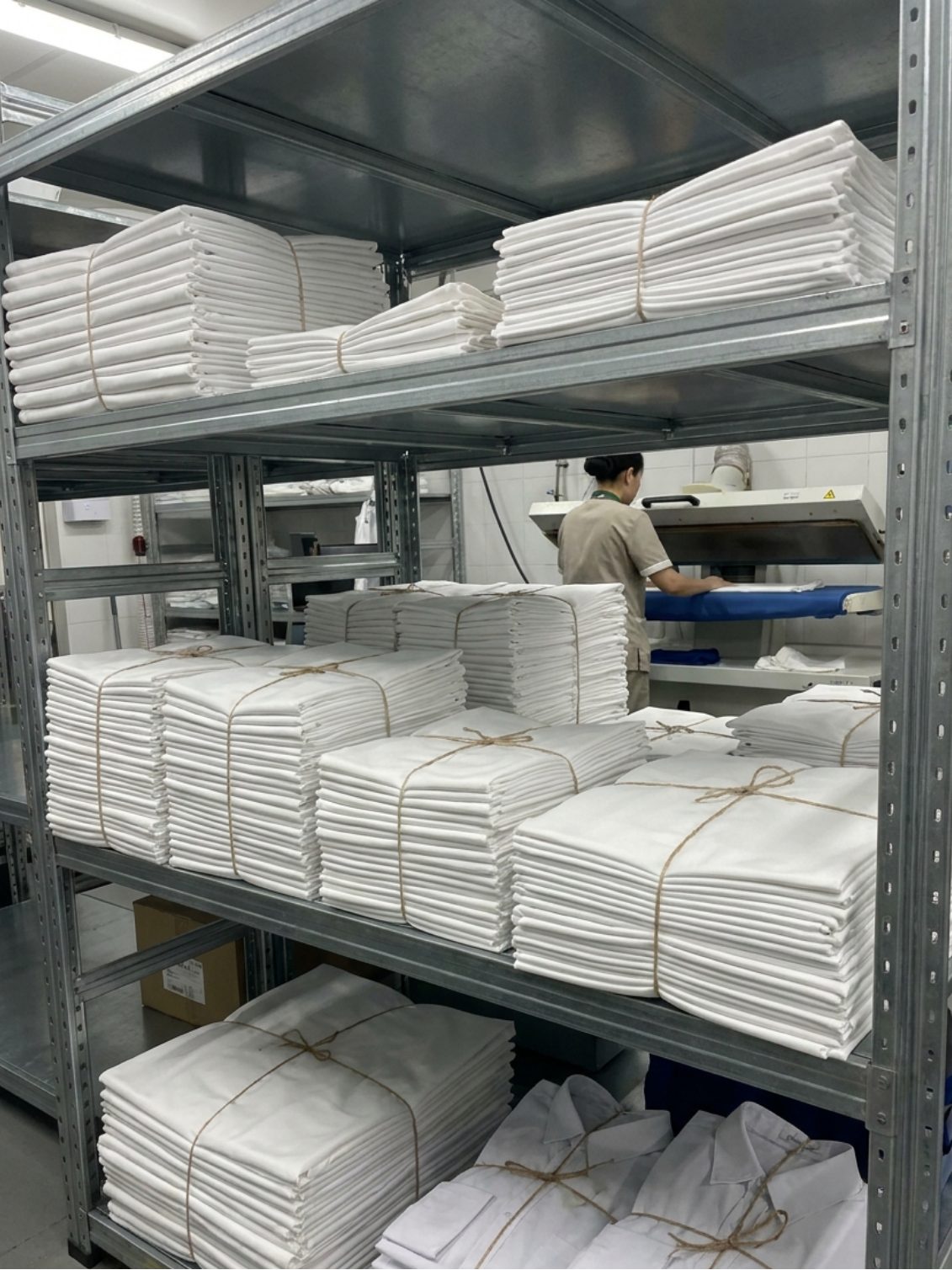 Shelves of freshly folded and bundled commercial linens ready for delivery, with staff finishing linens in the background