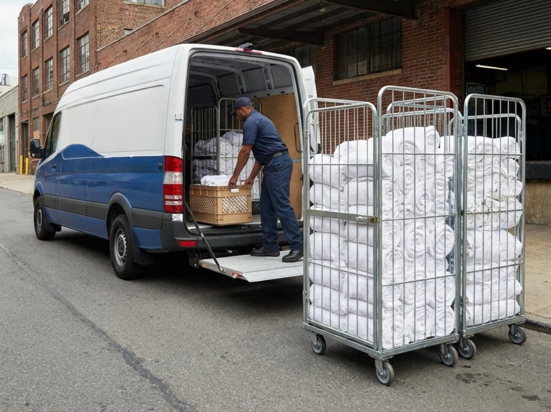 Driver loading rolling carts of fresh linens into a delivery van outside a commercial property
